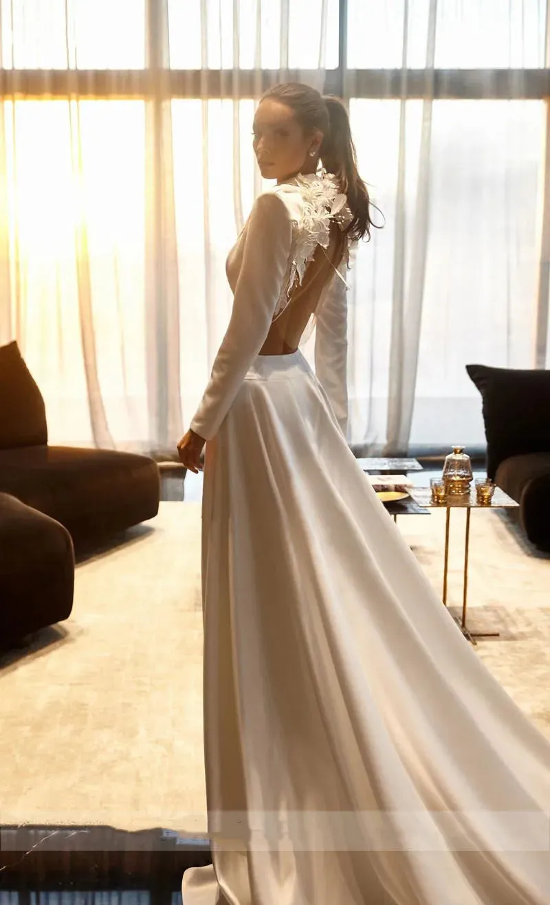 2 Pieces Satin Wedding Dress With Jacket Long Sleeve Simple White Elegant V Neck Flowers Bride Dress Side Split Vestido de novia