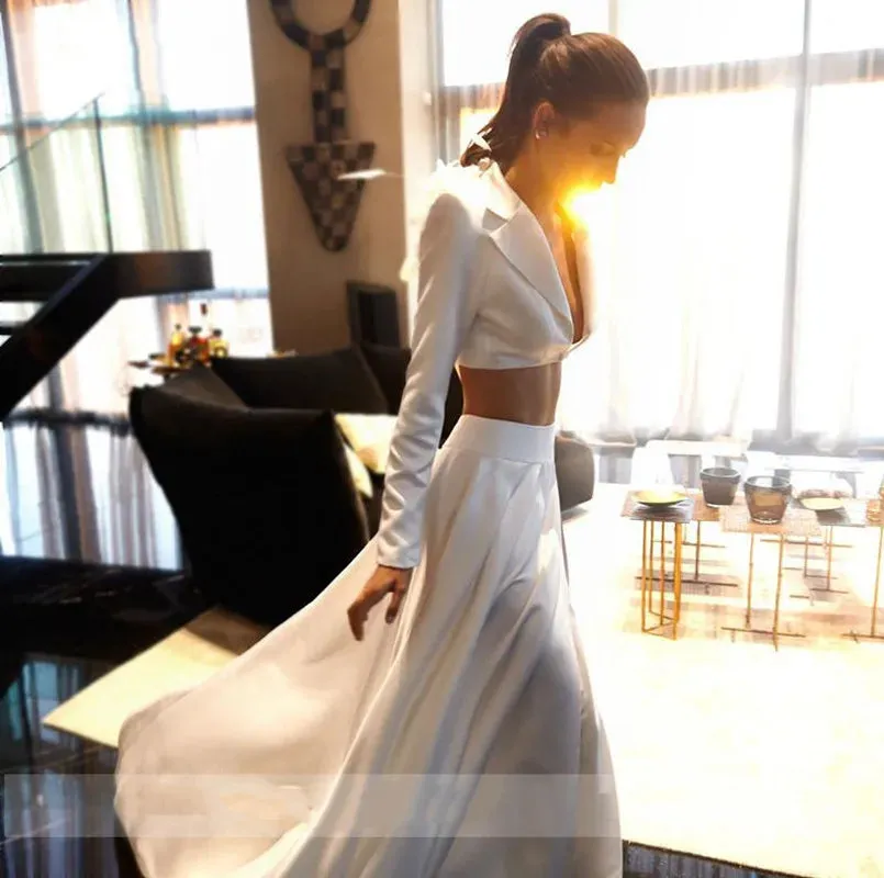 2 Pieces Satin Wedding Dress With Jacket Long Sleeve Simple White Elegant V Neck Flowers Bride Dress Side Split Vestido de novia