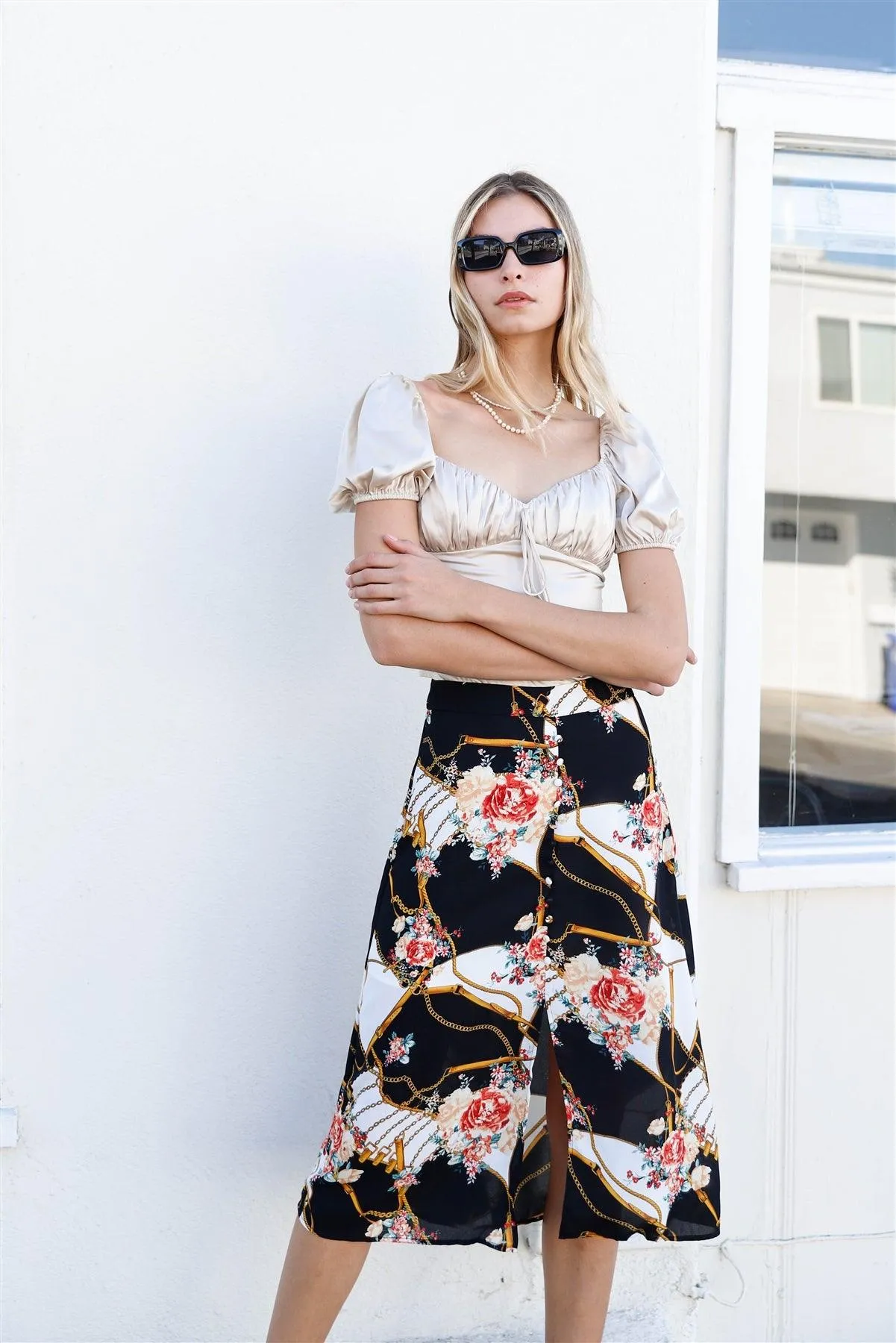 Black Multi Color Print Semi-Sheer Chiffon U-Shape Hem Midi Skirt  /2-2-2