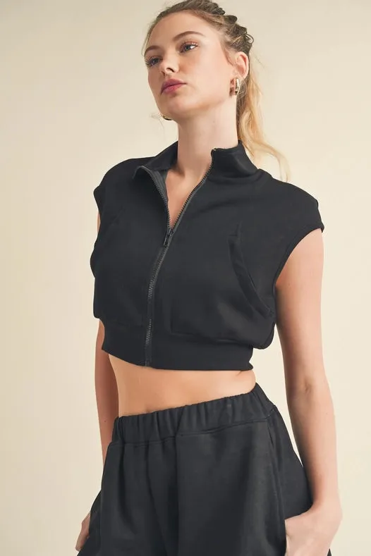 Butter-Soft Cropped Scuba Sleeveless Jacket Black