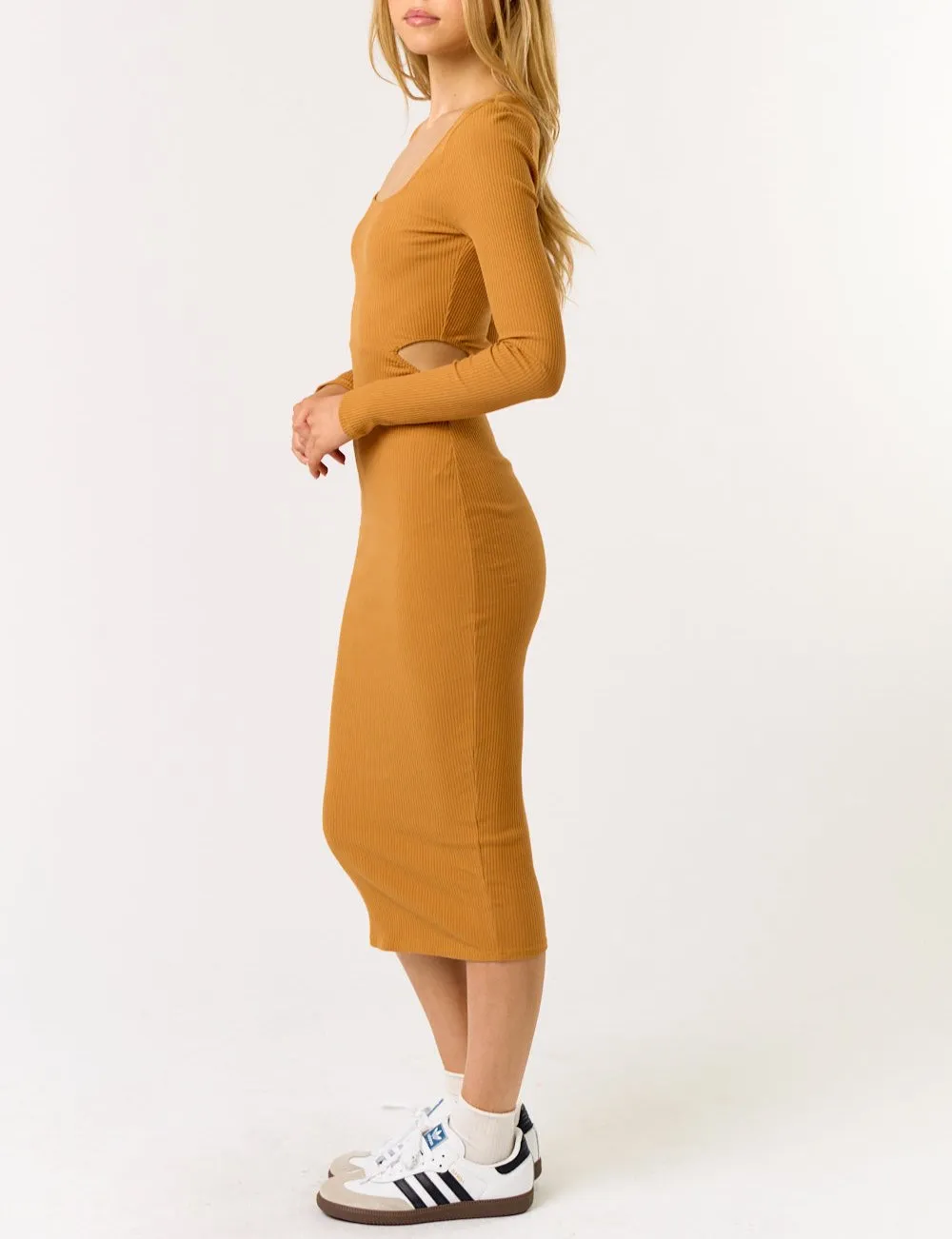 Courtney Cut Out Long Sleeve Ribbed Bodycon Midi Dress (Assorted Colors)