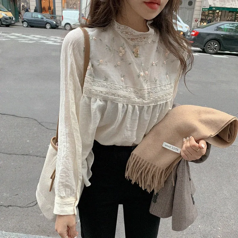 Elegant Lace Stand Collar Blouse