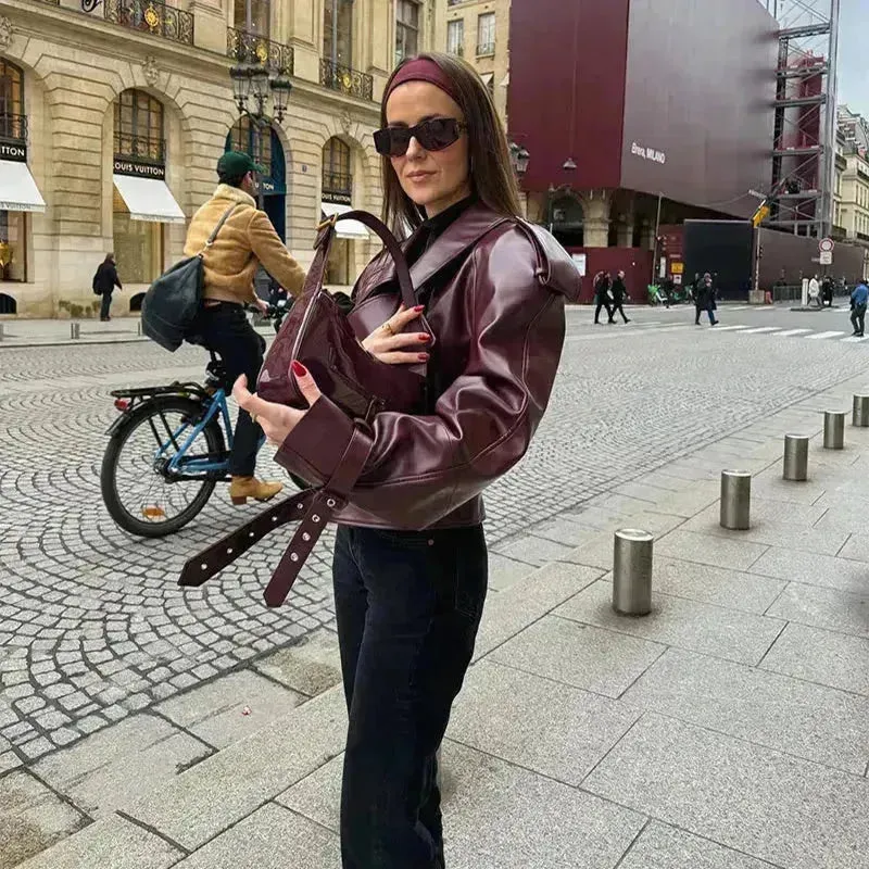Fashion Lapel  Streetwear Cropped Leather Jacket for women