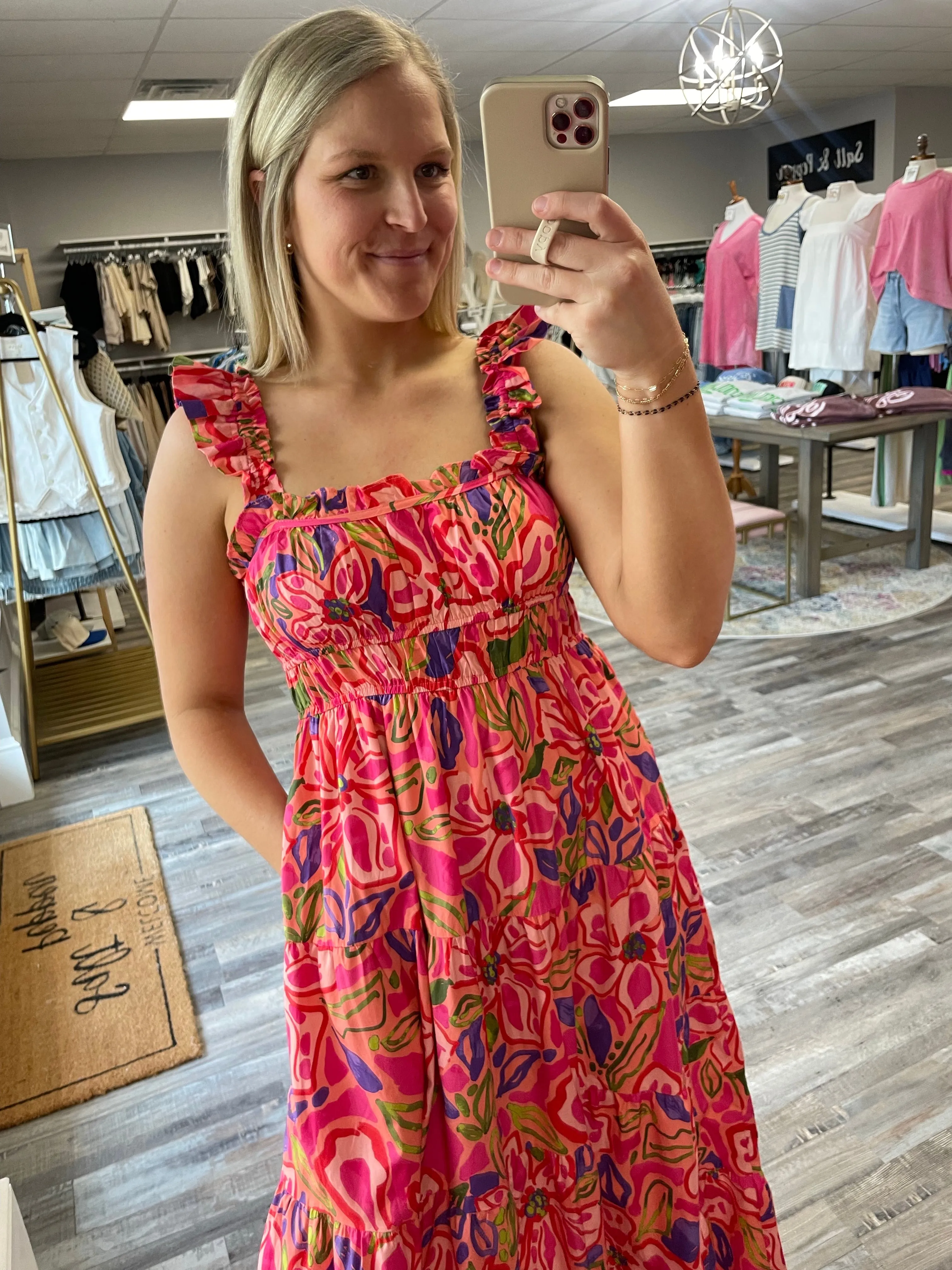 Floral Pleated Midi Dress - Coral/Pink Multi