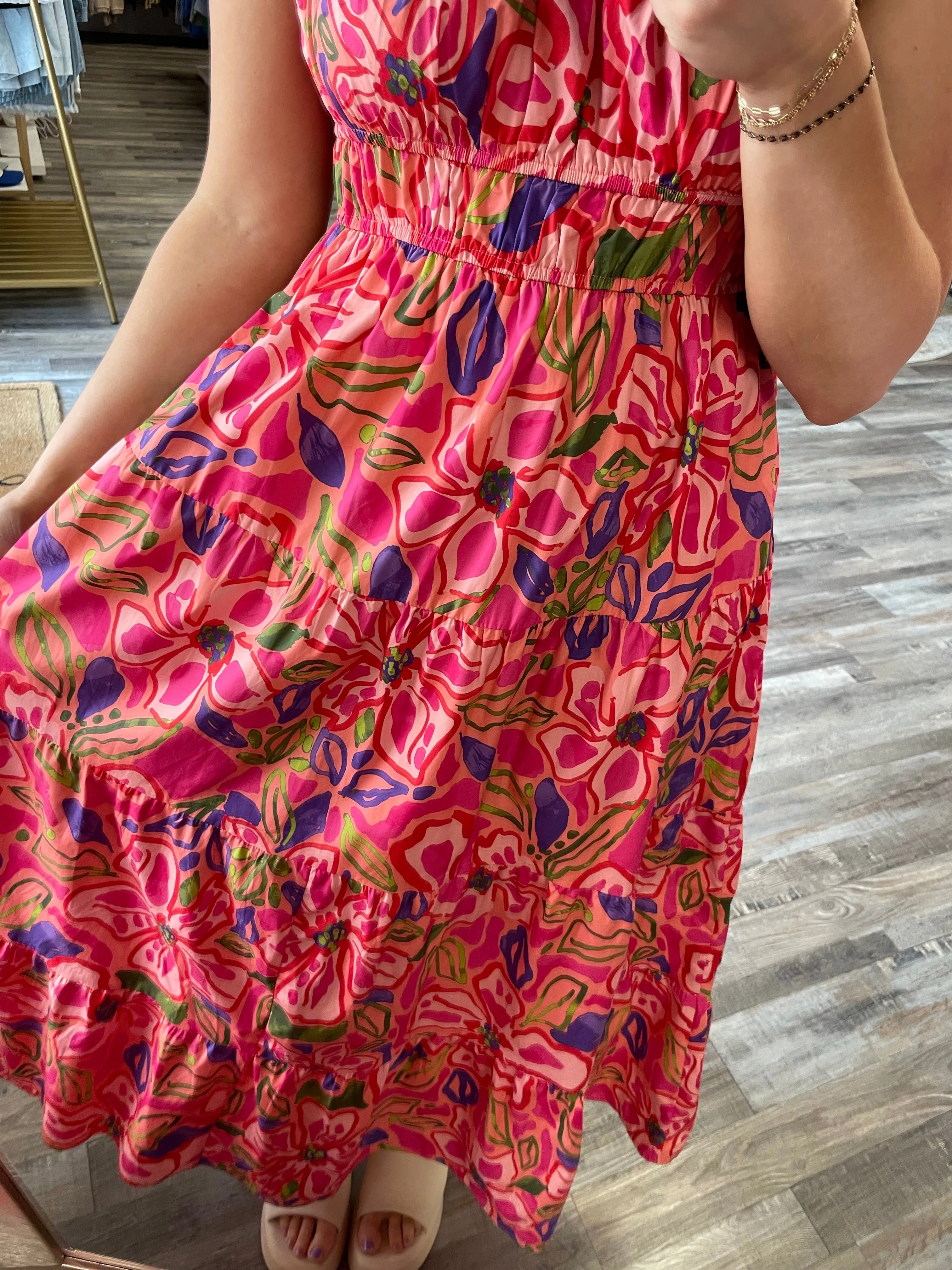 Floral Pleated Midi Dress - Coral/Pink Multi