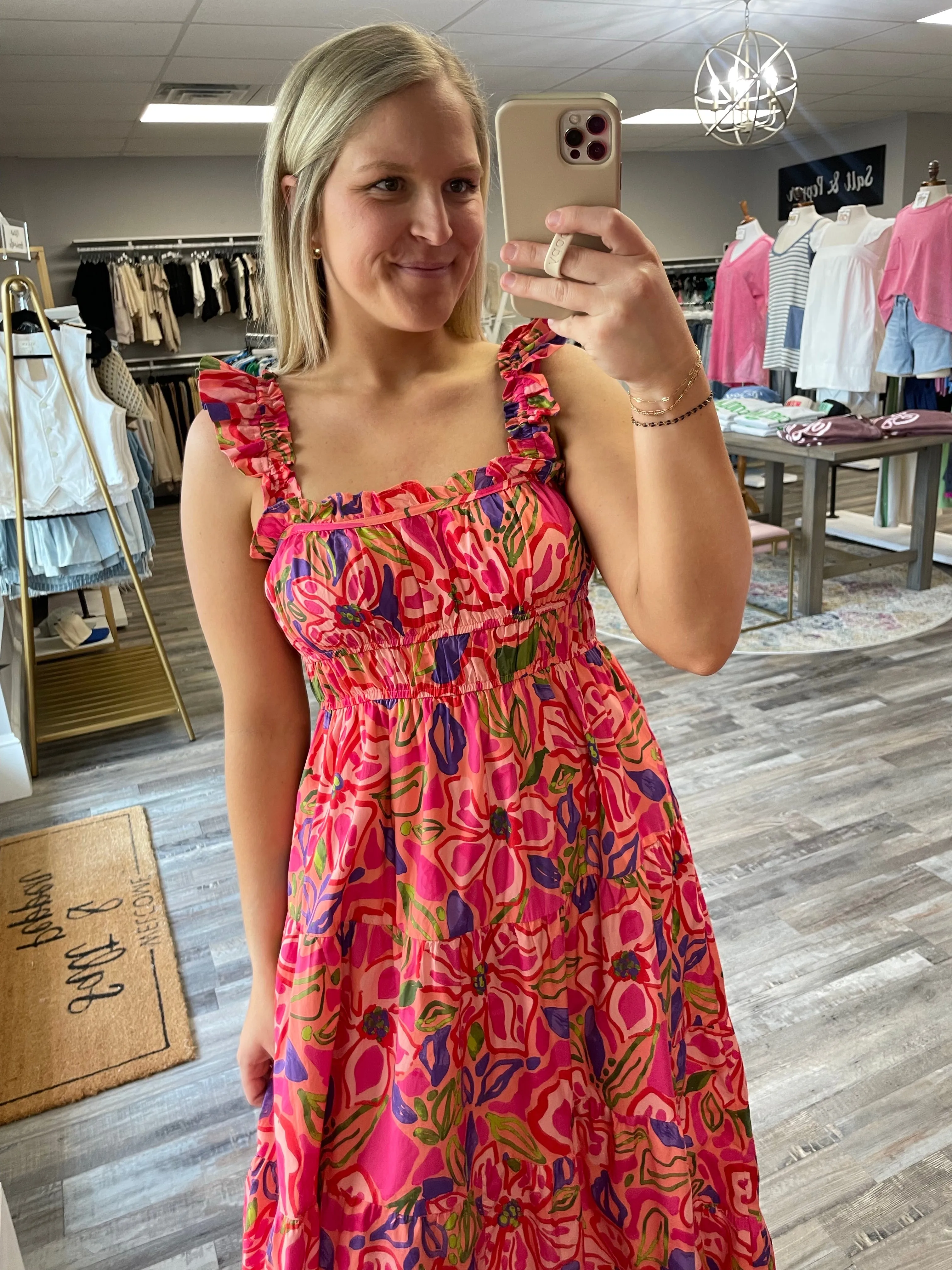 Floral Pleated Midi Dress - Coral/Pink Multi
