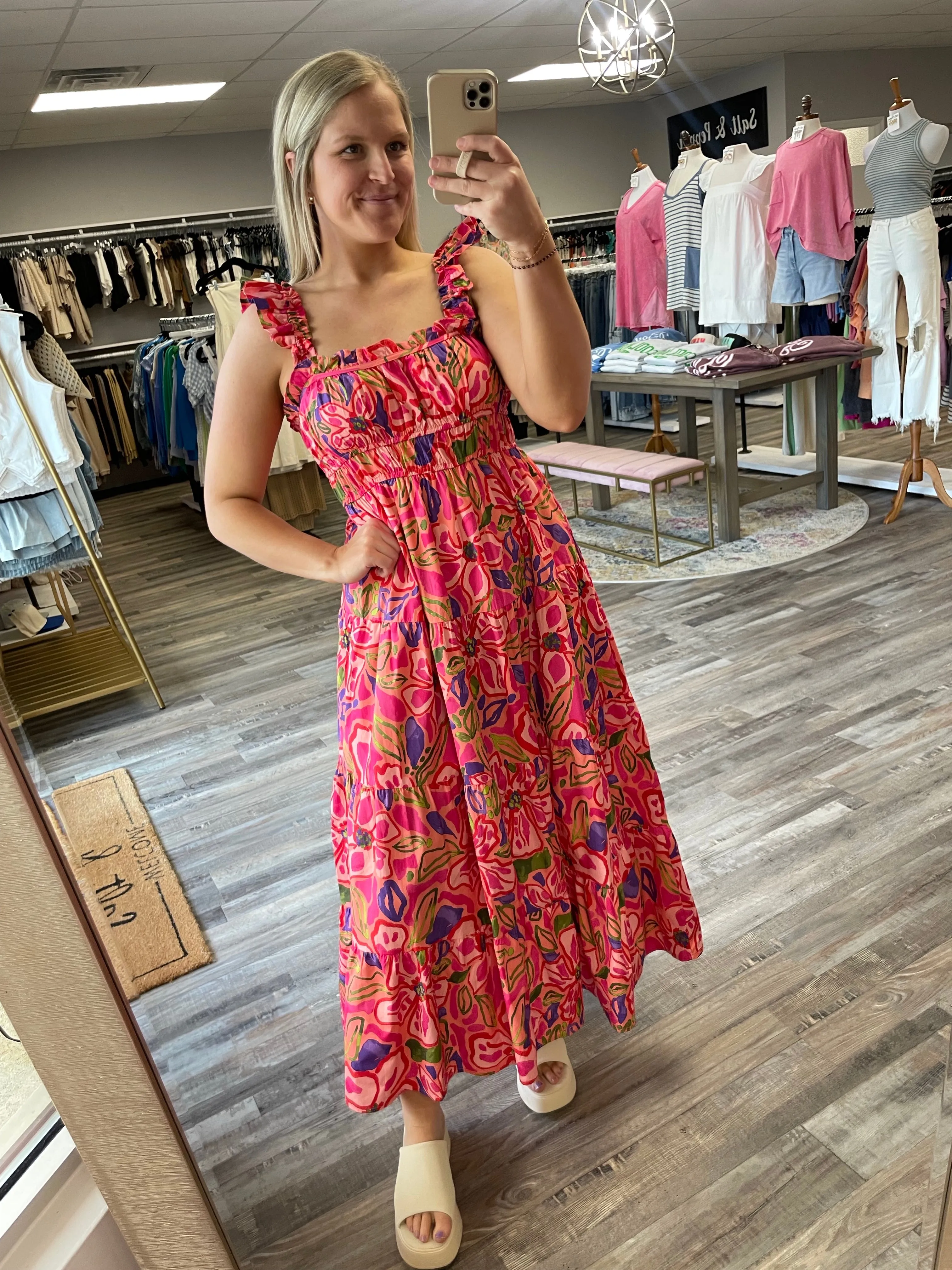 Floral Pleated Midi Dress - Coral/Pink Multi