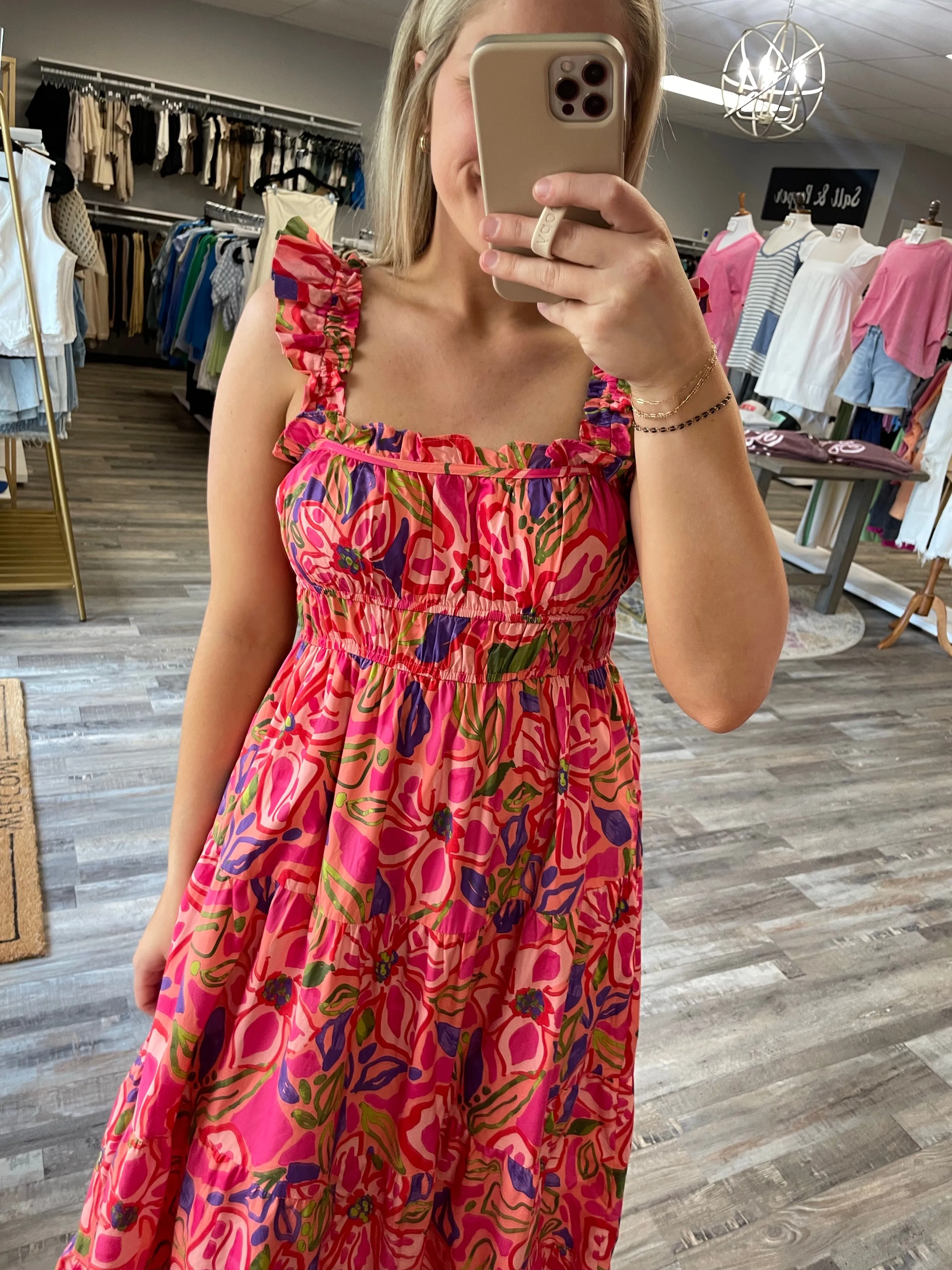 Floral Pleated Midi Dress - Coral/Pink Multi