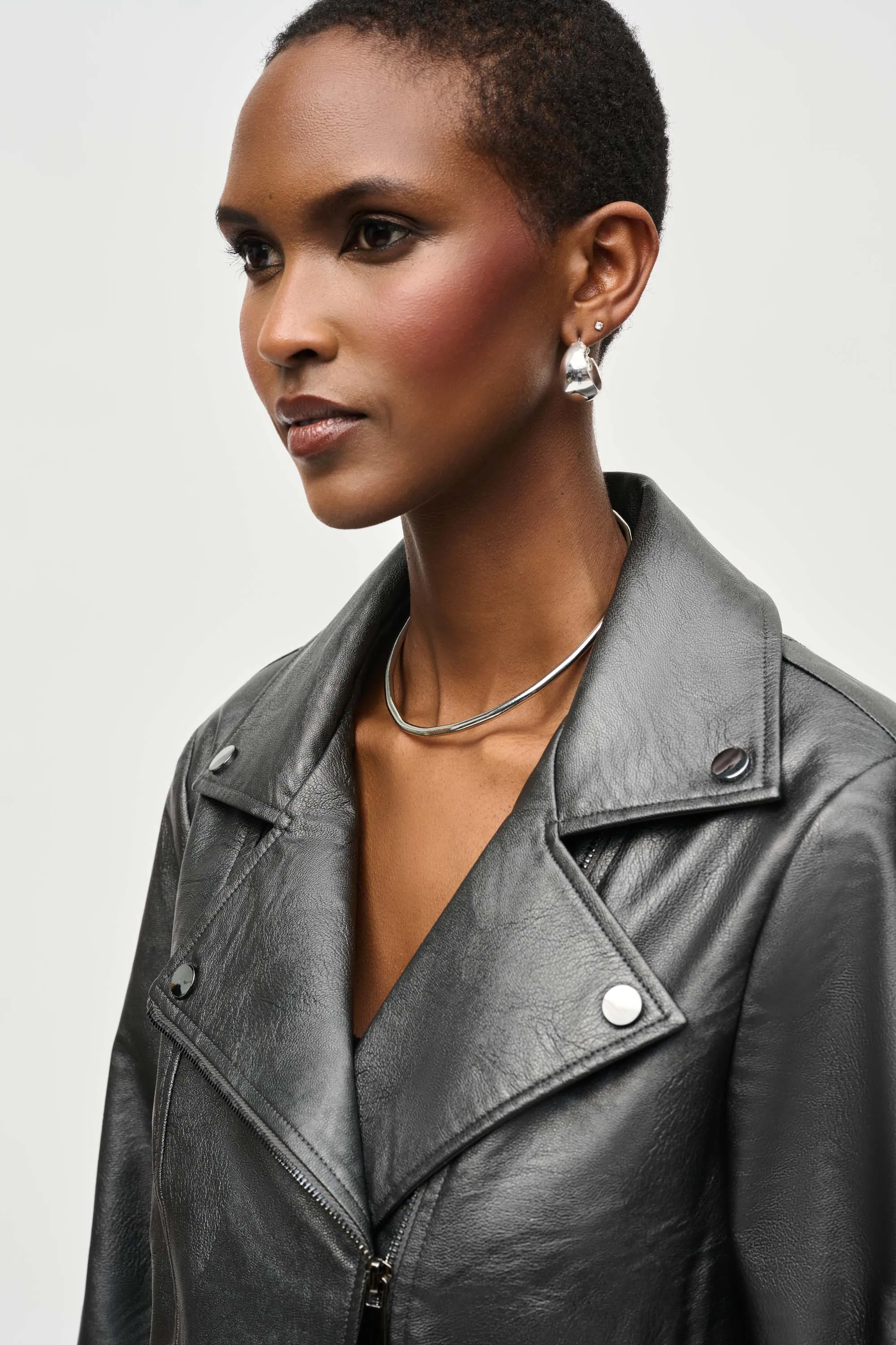 Joseph Ribkoff Metallic Faux Leather Biker Jacket234902F24 in Gunmetal A/W 24