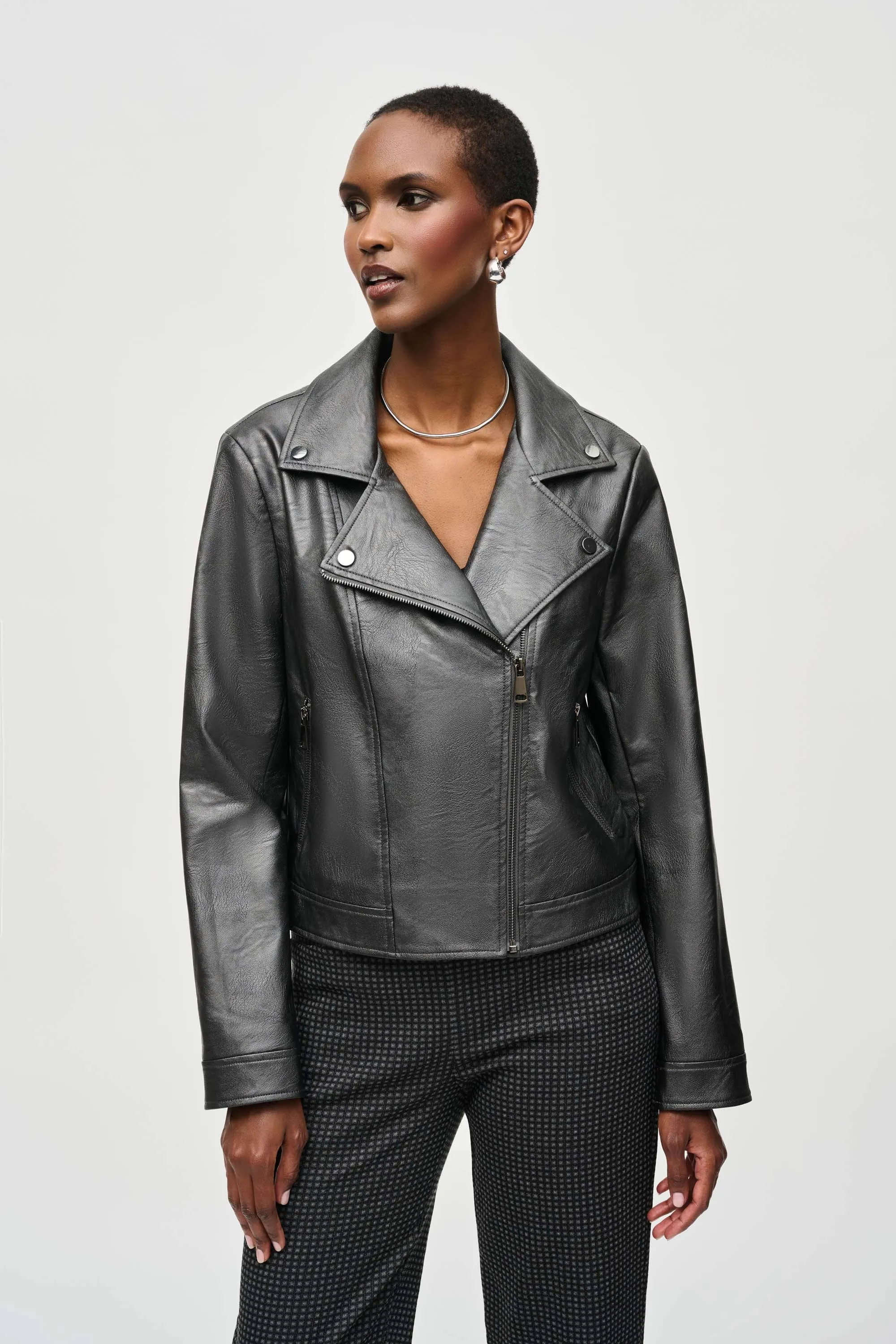 Joseph Ribkoff Metallic Faux Leather Biker Jacket234902F24 in Gunmetal A/W 24