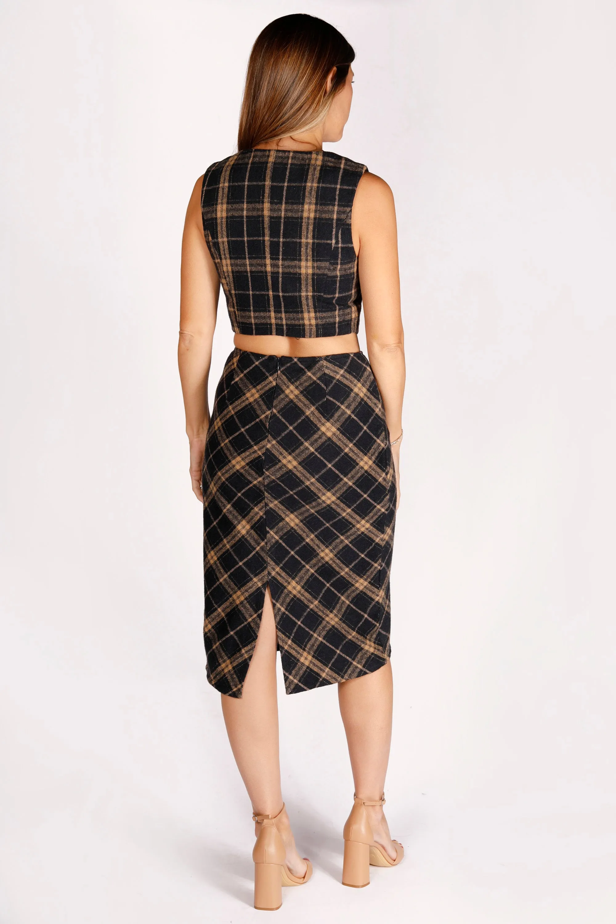 Navy Plaid Midi Skirt