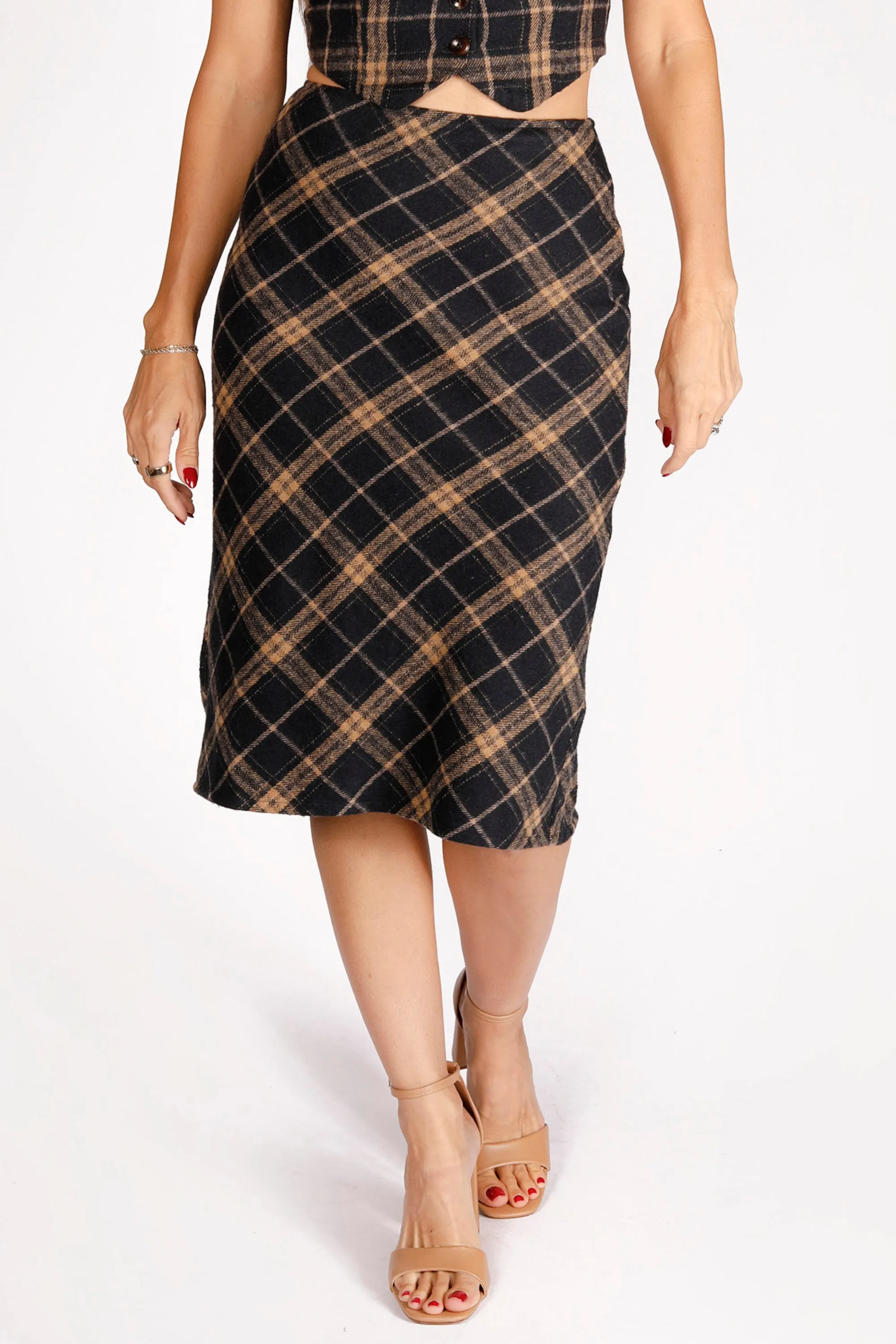 Navy Plaid Midi Skirt