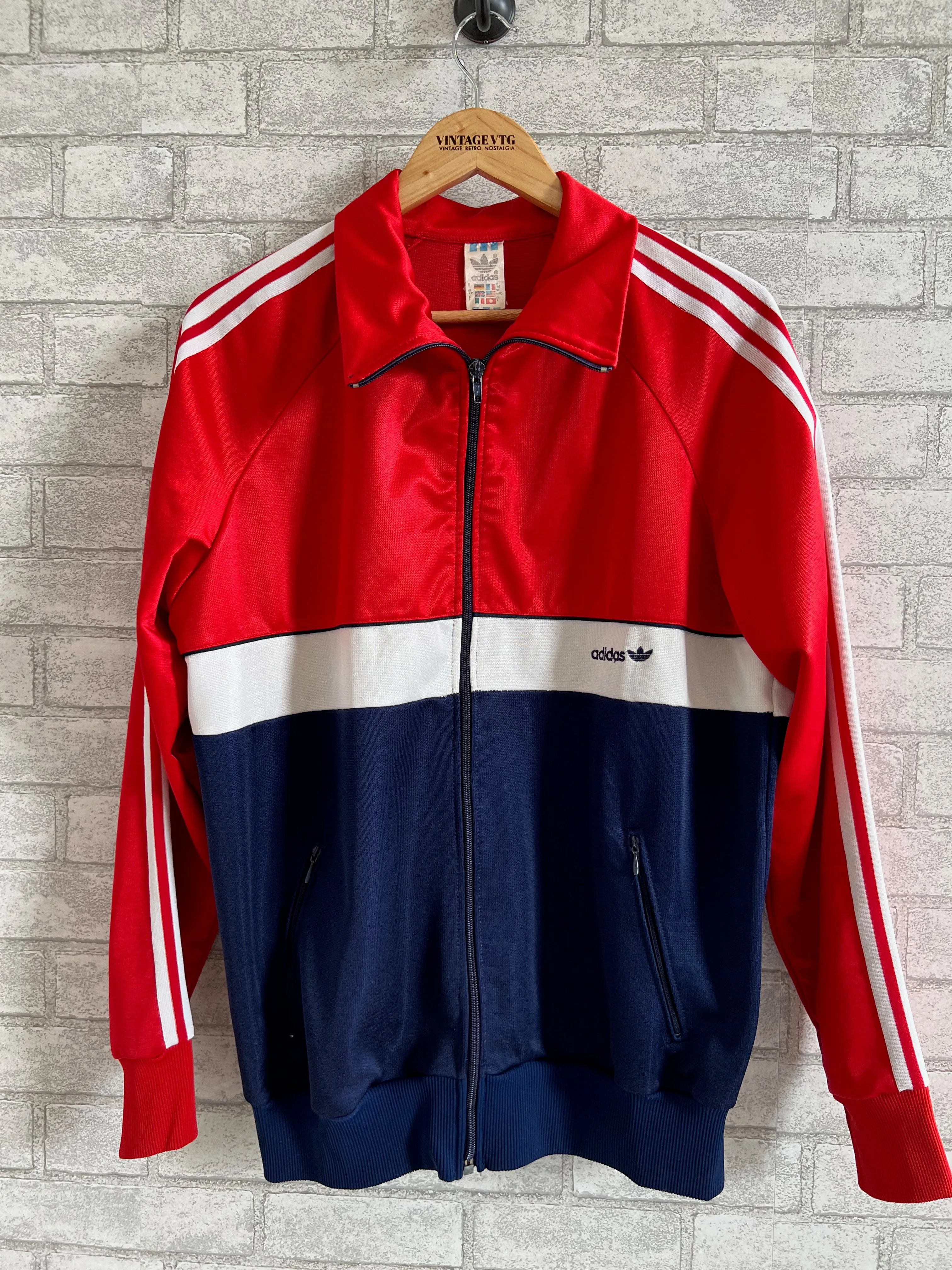 Vintage 80's 90's Adidas Track Jacket. Red, Blue and white stripe